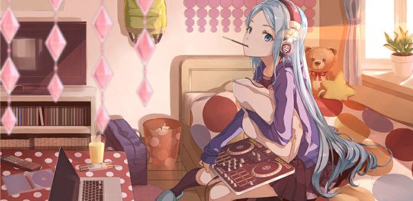 Anime picture 1029x503 with original hyp long hair looking at viewer blue eyes wide image sitting blue hair dj girl skirt socks sweets headphones pillow black socks bed toy stuffed animal teddy bear