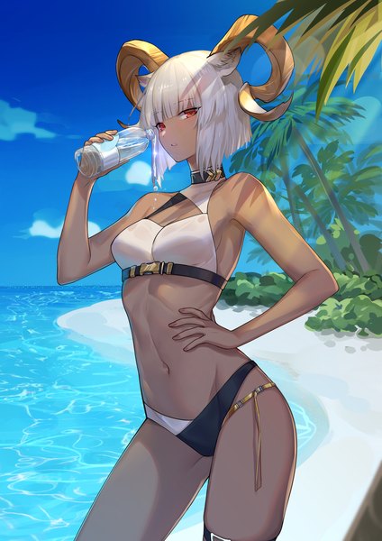 Anime picture 2480x3508 with arknights carnelian (arknights) chenxiletongxue single tall image looking at viewer fringe highres short hair breasts red eyes standing holding sky cloud (clouds) outdoors white hair blunt bangs parted lips horn (horns)