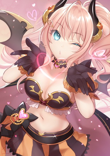 Anime picture 637x900 with princess connect! re:dive princess connect! minami suzuna suzuna (halloween) (princess connect!) sanom single long hair tall image breasts blue eyes light erotic pink hair cleavage ponytail one eye closed horn (horns) wink striped halloween blown kiss