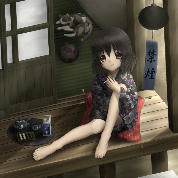 Anime picture 1200x1200 with original fortunat single short hair black hair traditional clothes japanese clothes barefoot black eyes legs smoking girl kimono cat