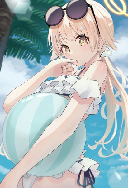 Anime picture 2508x3664 with blue archive hifumi (blue archive) hifumi (swimsuit) (blue archive) pension z single long hair tall image looking at viewer highres blonde hair twintails yellow eyes sky cloud (clouds) outdoors low twintails lens flare official alternate costume finger to mouth sunglasses on head