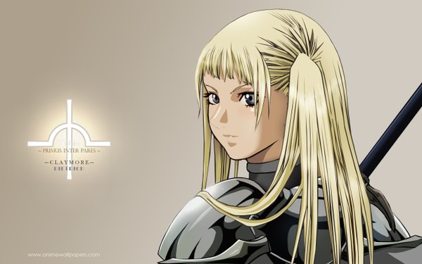 Anime picture 2560x1600 with claymore madhouse dietrich (claymore) highres blonde hair simple background wide image black eyes grey background girl armor