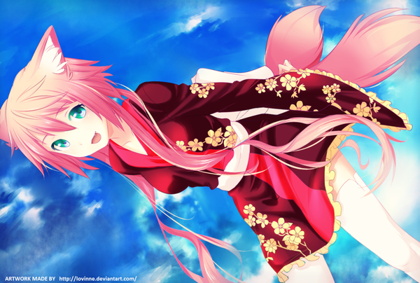 Anime picture 900x606 with original fukune single long hair blush open mouth smile green eyes animal ears pink hair sky cloud (clouds) tail :d animal tail multiple tails girl frills belt short kimono