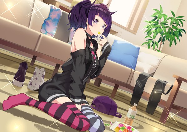 Anime picture 1400x990 with idolmaster idolmaster shiny colors tanaka mamimi tomato (madanai the cat) single looking at viewer blush fringe short hair sitting purple eyes twintails bare shoulders holding payot purple hair full body indoors blunt bangs sparkle