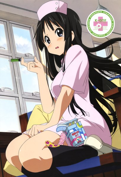 Anime picture 4095x6005 with k-on! kyoto animation akiyama mio ikeda kazumi single long hair tall image blush highres black hair absurdres black eyes embarrassed tears nurse girl cross bandaid nurse cap syringe