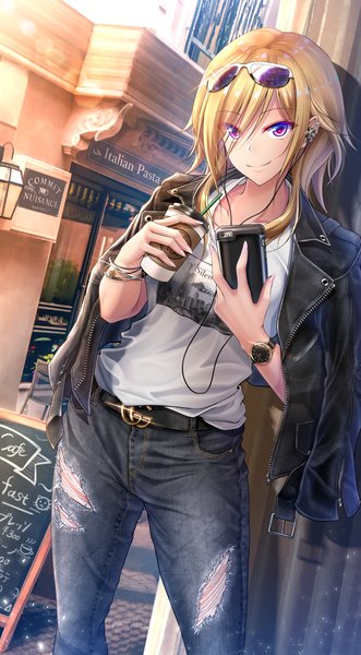 Anime picture 1104x2000 with original gucci denpa (denpae29) single long hair tall image looking at viewer fringe blonde hair smile standing purple eyes holding outdoors nail polish fingernails hair over one eye open jacket shadow piercing