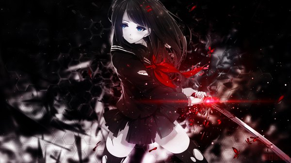 Anime picture 1920x1080 with original sin (caidychen) caidychen bobba single long hair blush fringe highres blue eyes wide image standing holding looking away wallpaper torn clothes black background fighting stance girl thighhighs