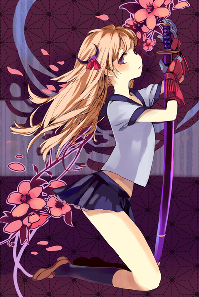 Anime picture 608x904 with original nove (legge) single long hair tall image looking at viewer blush blonde hair standing purple eyes pleated skirt kneeling cherry blossoms girl skirt gloves hair ornament weapon plant (plants) miniskirt