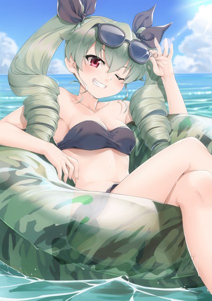 Anime picture 827x1169 with girls und panzer anchovy (girls und panzer) miri (ago550421) single long hair tall image looking at viewer blush fringe breasts light erotic smile hair between eyes red eyes twintails bare shoulders sky cleavage cloud (clouds) outdoors