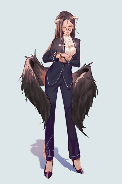 Anime picture 1500x2250 with overlord (maruyama) madhouse albedo (overlord) krin single long hair tall image looking at viewer blush fringe breasts black hair simple background hair between eyes standing yellow eyes full body parted lips horn (horns) shadow