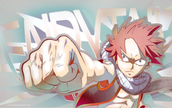 Anime picture 1920x1200 with fairy tail natsu dragneel single looking at viewer highres short hair wide image pink hair upper body copyright name outstretched arm boy scarf vest fist