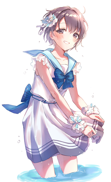 Anime picture 789x1281 with idolmaster idolmaster cinderella girls idolmaster cinderella girls starlight stage otokura yuuki anoa single tall image looking at viewer blush short hair black hair simple background smile white background grin partially submerged wet clothes sailor collar come with me! girl