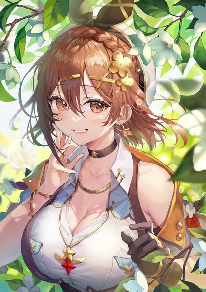 Anime-Bild 2894x4093 mit atelier (series) atelier ryza gust (company) reisalin stout okuma mai single tall image looking at viewer blush fringe highres short hair breasts light erotic smile hair between eyes brown hair large breasts bare shoulders brown eyes