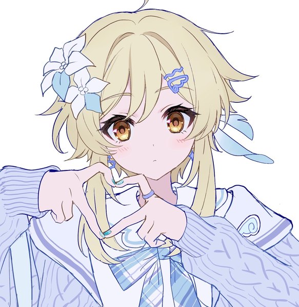 Anime picture 1338x1378 with genshin impact lumine (genshin impact) natsukko 0606 single tall image looking at viewer blush fringe short hair simple background blonde hair white background yellow eyes payot upper body long sleeves nail polish hair flower alternate costume heart hands
