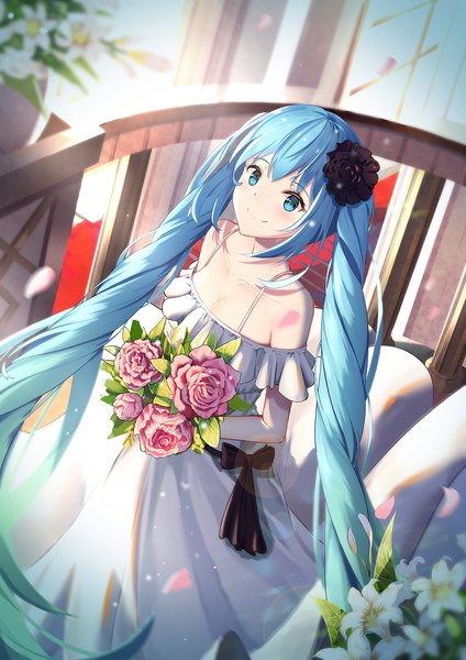 Anime picture 1300x1838 with vocaloid hatsune miku mobu (wddtfy61) single tall image looking at viewer blush fringe smile hair between eyes standing twintails bare shoulders payot cleavage very long hair aqua eyes from above aqua hair dutch angle