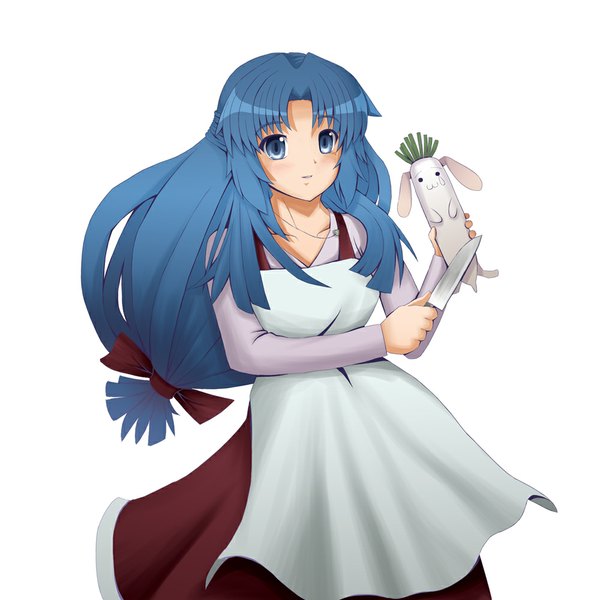 Anime picture 1000x1000 with suzumiya haruhi no yuutsu kyoto animation asakura ryouko noukatu (artist) single long hair looking at viewer blue eyes simple background white background blue hair girl apron knife