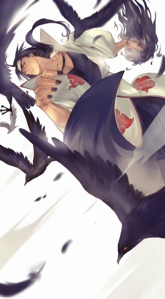 Anime picture 700x1266 with naruto studio pierrot naruto (series) uchiha itachi joseph lee single long hair tall image looking at viewer black hair red eyes nail polish fingernails akatsuki boy earrings animal choker bird (birds) feather (feathers)