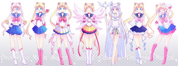 Anime picture 2038x765 with bishoujo senshi sailor moon toei animation tsukino usagi sailor moon super sailor moon eternal sailor moon sailor cosmos saki (hxaxcxk) long hair highres blue eyes simple background blonde hair wide image standing purple eyes twintails multiple girls silver hair white hair
