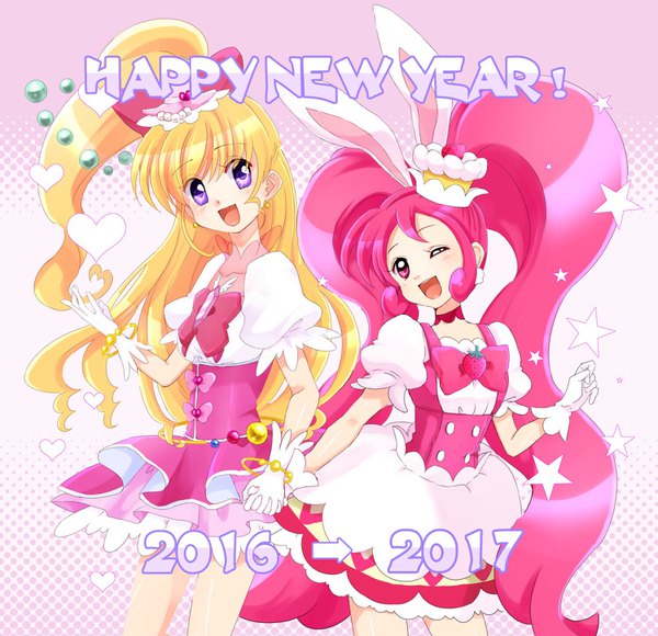 Anime picture 1500x1452 with precure kirakira precure a la mode mahou girls precure! toei animation asahina mirai usami ichika cure miracle cure whip tsuka d long hair open mouth blonde hair twintails purple eyes multiple girls animal ears looking away pink hair ponytail very long hair