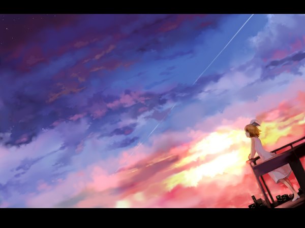 Anime picture 1024x768 with vocaloid kagamine rin nobusnow (artist) single short hair blonde hair sky cloud (clouds) profile evening sunset shooting star girl dress ribbon (ribbons) hair ribbon building (buildings) star (stars)