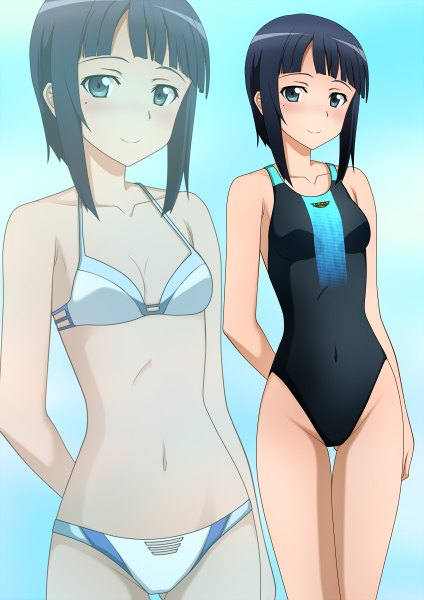 Anime picture 848x1200 with sword art online a-1 pictures sachi (sao) kenken tall image looking at viewer blush short hair blue eyes light erotic smile blue hair mole midriff mole under eye zoom layer girl navel swimsuit bikini
