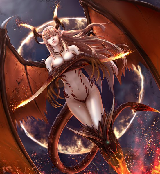 Anime picture 1102x1200 with original zeroshiki kouichi long hair tall image looking at viewer breasts light erotic blonde hair red eyes large breasts standing bare shoulders signed payot cleavage red hair tail multicolored hair horn (horns) light smile