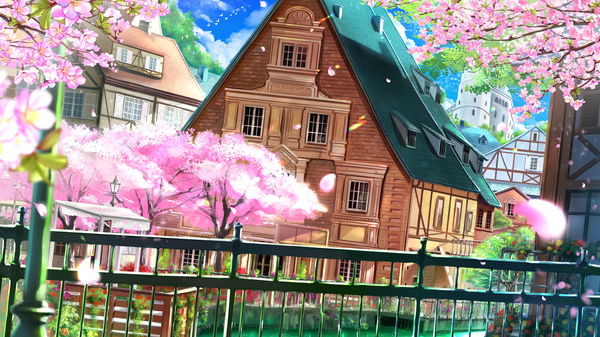 Anime picture 2545x1432 with original swordsouls highres wide image sky cloud (clouds) dutch angle cherry blossoms no people scenic street flower (flowers) plant (plants) petals tree (trees) window building (buildings) fence house door