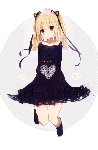Anime picture 2507x3841 with original gijxgij single long hair tall image looking at viewer fringe highres blonde hair smile purple eyes twintails bent knee (knees) head tilt hands behind back jumping :3 knees touching girl dress