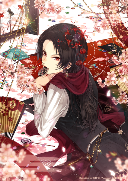 Anime picture 600x848 with touken ranbu nitroplus kashuu kiyomitsu niiko single long hair tall image looking at viewer black hair red eyes holding lying hair flower from above blurry mole sparkle depth of field mouth hold cherry blossoms