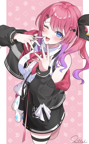 Anime picture 1300x2100 with virtual youtuber nijisanji kuramochi meruto millee (prhr5855) single long hair tall image blush open mouth blue eyes pink hair nail polish one eye closed from above wink side ponytail gradient hair pink background ;d outside border