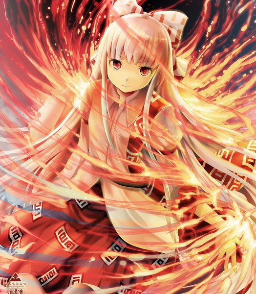 Anime picture 1396x1600 with touhou fujiwara no mokou namamo nanase single long hair tall image looking at viewer smile red eyes white hair alternate costume girl skirt hair ornament bow ribbon (ribbons) hair bow fire