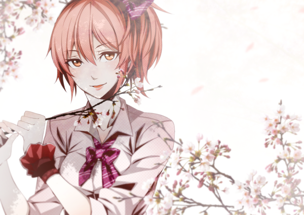 Anime picture 1228x868 with idolmaster idolmaster cinderella girls jougasaki mika hiroki (plt) single looking at viewer short hair open mouth smile brown hair white background brown eyes cherry blossoms girl bowtie