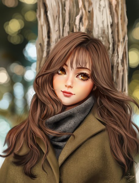 Anime picture 1024x1348 with original lemon cat single long hair tall image blush fringe smile brown hair brown eyes looking away upper body head tilt lips blurry realistic lipstick portrait pink lipstick girl