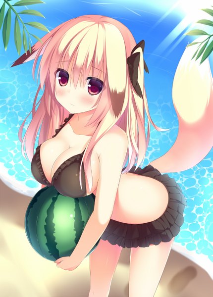 Anime picture 1003x1400 with original megarisu single long hair tall image blush breasts light erotic blonde hair red eyes large breasts animal ears tail animal tail beach girl bow swimsuit hair bow bikini