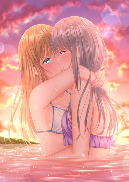 Anime picture 1771x2500 with original naginagiwaffle long hair tall image blush fringe highres breasts light erotic blonde hair smile hair between eyes purple eyes multiple girls looking away sky cloud (clouds) upper body outdoors nail polish