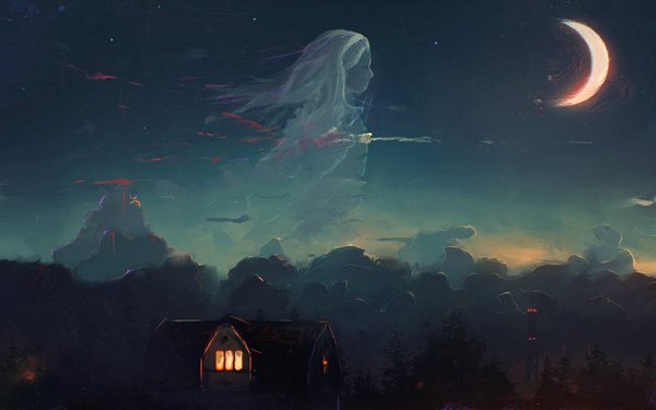 Anime picture 3200x2000 with original sylar113 single long hair highres looking away cloud (clouds) night night sky ghost crescent girl window building (buildings) moon star (stars) house roof