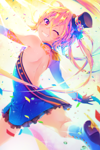 Anime picture 1335x2005 with original moe2017 dennryuurai single long hair tall image looking at viewer fringe smile hair between eyes bare shoulders pink hair one eye closed pink eyes looking back wink tattoo spread arms bare back figure skating