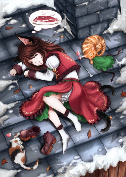 Anime picture 1200x1691 with touhou chen skyspace (artist) long hair tall image open mouth brown hair animal ears lying eyes closed cat ears cat girl cat tail sleeping girl dress skirt socks leaf (leaves) white socks