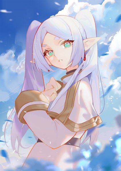 Anime picture 700x990 with sousou no frieren frieren indai (3330425) single long hair tall image looking at viewer twintails sky silver hair cloud (clouds) upper body aqua eyes pointy ears elf girl earrings