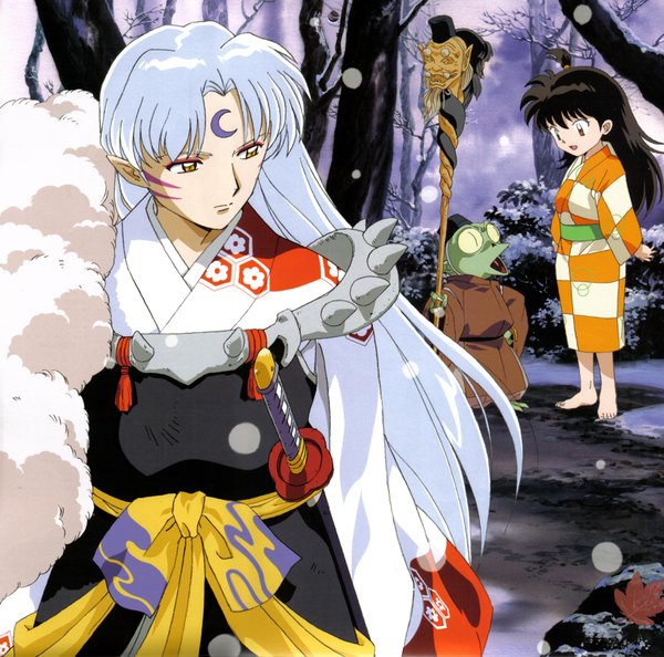 Anime picture 4712x4671 with inuyasha sesshomaru rin (inuyasha) long hair highres black hair yellow eyes absurdres white hair japanese clothes looking back pointy ears scan facial mark face paint girl boy weapon plant (plants) sword