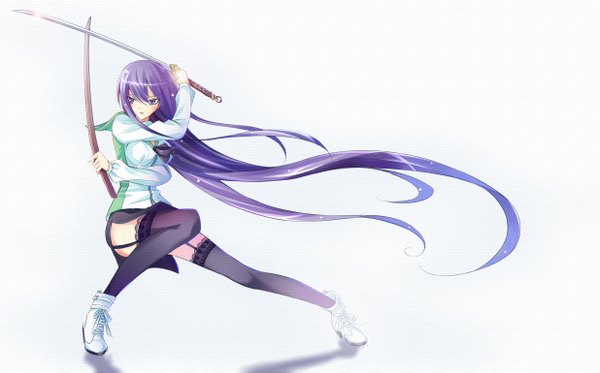 Anime picture 2472x1537 with highschool of the dead madhouse busujima saeko single highres light erotic wide image white background purple eyes purple hair very long hair girl thighhighs uniform black thighhighs school uniform sword