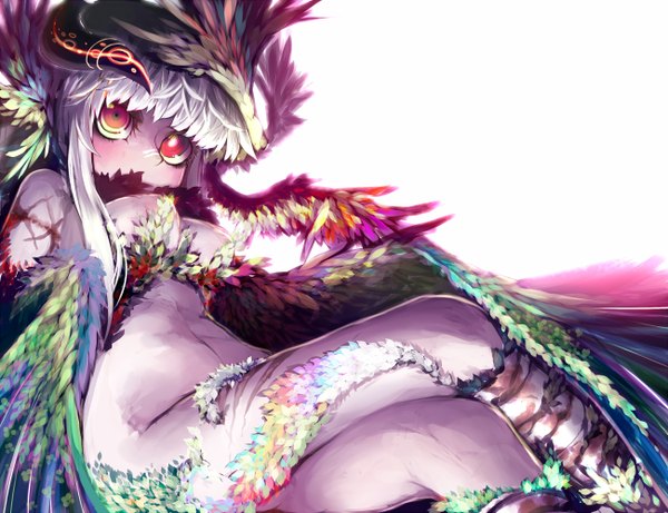 Anime picture 1300x1000 with original goose h (artist) single long hair red eyes sitting white hair horn (horns) monster girl girl feather (feathers)