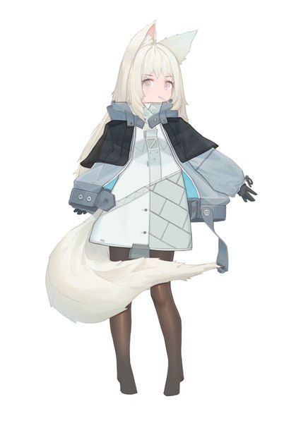 Anime picture 2910x4000 with original puremage single long hair tall image looking at viewer fringe highres simple background white background animal ears silver hair full body tail long sleeves animal tail no shoes fox ears fox tail fox girl