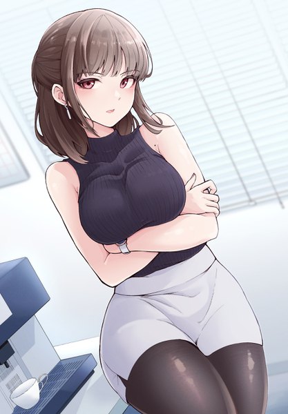 Anime picture 1946x2800 with original tokufumi single tall image looking at viewer blush fringe highres short hair breasts open mouth red eyes brown hair large breasts sitting bare shoulders payot indoors blunt bangs nail polish