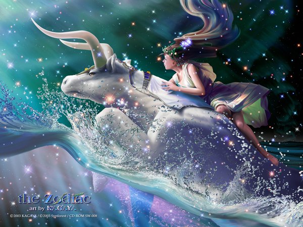 Anime picture 1600x1200 with kagaya long hair brown hair hair flower horn (horns) realistic night sky 3d zodiac taurus (zodiac) girl hair ornament animal water star (stars) splashes