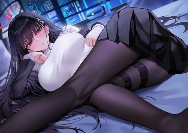 Anime-Bild 3508x2480 mit blue archive rio (blue archive) senba (592683801) single long hair looking at viewer blush fringe highres breasts light erotic black hair red eyes absurdres indoors lying blunt bangs long sleeves parted lips on side