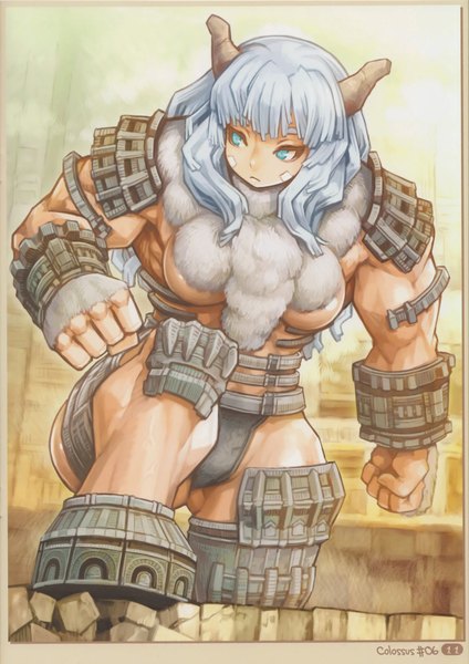 Anime-Bild 1200x1698 mit shadow of the colossus (game) single long hair tall image blue eyes light erotic looking away white hair horn (horns) muscle girl armor fur