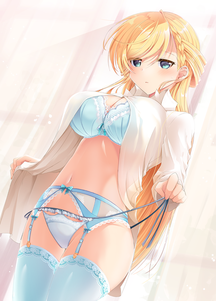 Anime picture 1000x1390 with original funmatu single long hair tall image blush fringe breasts blue eyes light erotic blonde hair hair between eyes large breasts standing looking away indoors bare belly dutch angle open shirt thighs