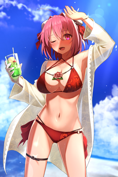 Anime picture 1440x2160 with touhou ibaraki kasen greenkohgen single tall image short hair breasts open mouth light erotic large breasts standing pink hair sky cloud (clouds) ahoge outdoors one eye closed pink eyes sunlight hair bun (hair buns)
