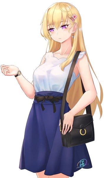 Anime picture 1949x3308 with original after3310 single long hair tall image blush fringe highres breasts simple background blonde hair hair between eyes standing white background purple eyes bare shoulders signed payot sparkle sleeveless